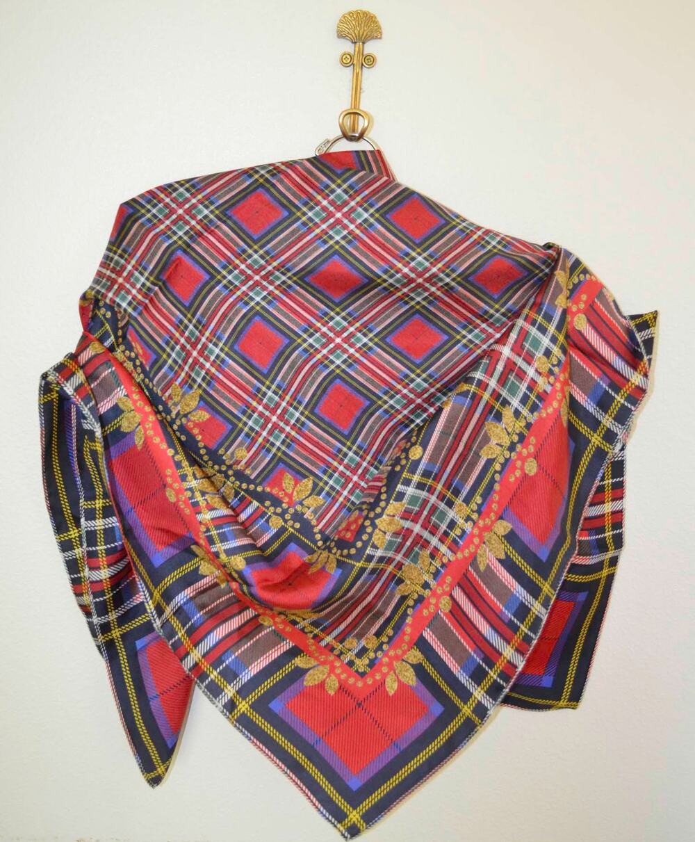 Vintage Plaid Silk Square Scarf